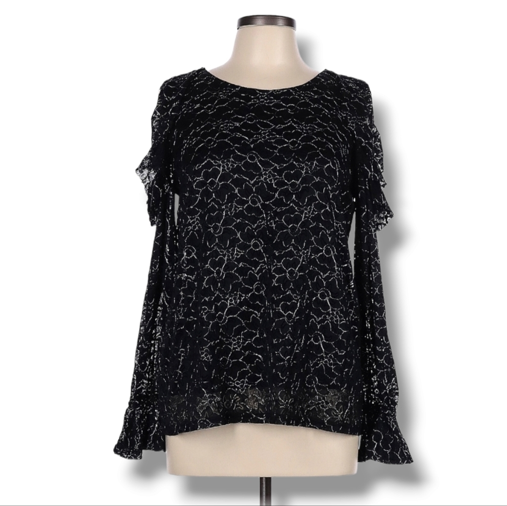 Carolina Belle‎ Blouse Size L Black Silver Metallic Floral Ruffle Sleeve Witchy